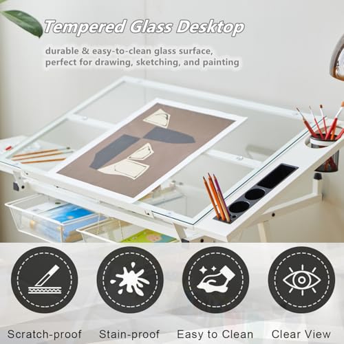 Adjustable Drafting Table with Stool, Tilting Glass Top Art Desk for Drawing