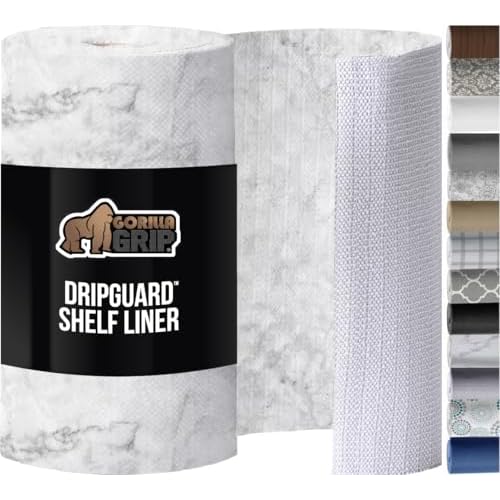 GORILLA GRIP DripGuard Shelf Liner, Non Adhesive Drawer and Kitchen Cabinet Protector, Slip Resistant BPA Free Smooth Surface Plastic Liners for Cabinets, Bathrooms, Closets, 12x240 Inch, Marble
