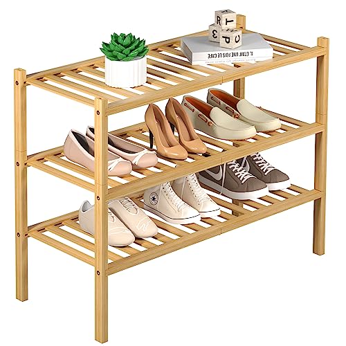 ROMGUAR CRAFT 3-Tier Bamboo Shoe Rack Stackable Storage Organizer for Entryway