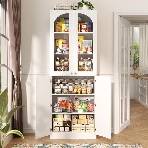 80-Inch Tall Kitchen Pantry Cabinet with Arched Glass Doors and Shelves