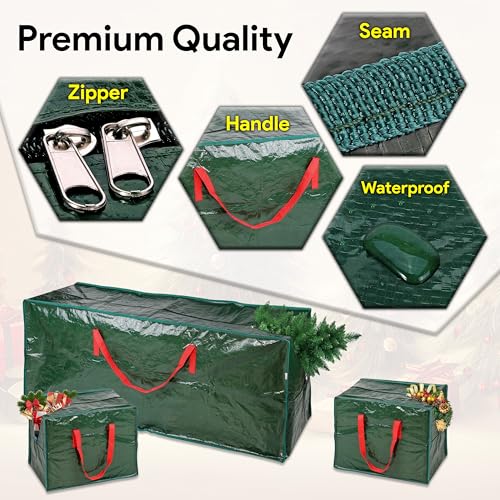 ARSUK 3pcs Christmas Tree Storage Bag 7.5 Ft Green & Black Waterproof Large Capacity with Ornaments Bags