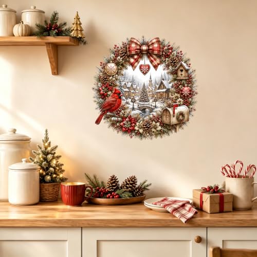 Christmas Wreath Wall Decal - Cardinal Winter Village Scene, 13.8 Inch, Peel & Stick Holiday Decor