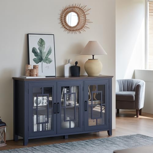 55-Inch Farmhouse Sideboard Buffet Cabinet with 3 Glass Doors, Navy Blue