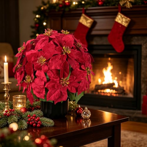 MHMJON 2 Pack 17-Inch Artificial Poinsettias in Pot for Christmas Holiday Decor