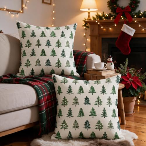 Sivirary 18x18 Inch Green Cream Christmas Tree Pillow Covers Set of 2 - Winter Holiday Decor