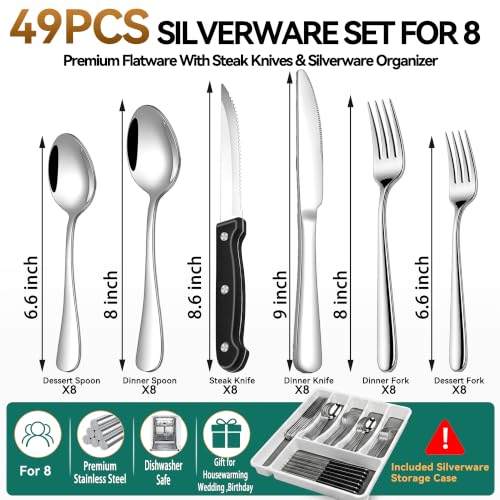 49-Piece Stainless Steel Flatware Set with Drawer Organizer for 8 People