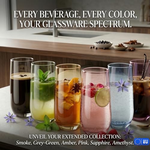 Biandeco Set of 6 Grey Smoked Glasses 16 oz - Modern Black Charcoal Drinkware