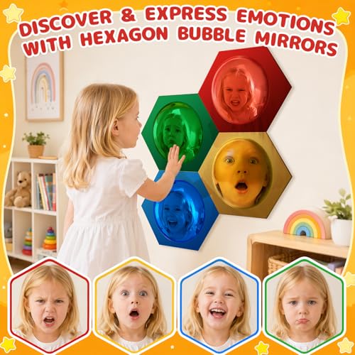 4-Piece Hexagon Sensory Bubble Mirror Set for Kids Playroom Wall Decor