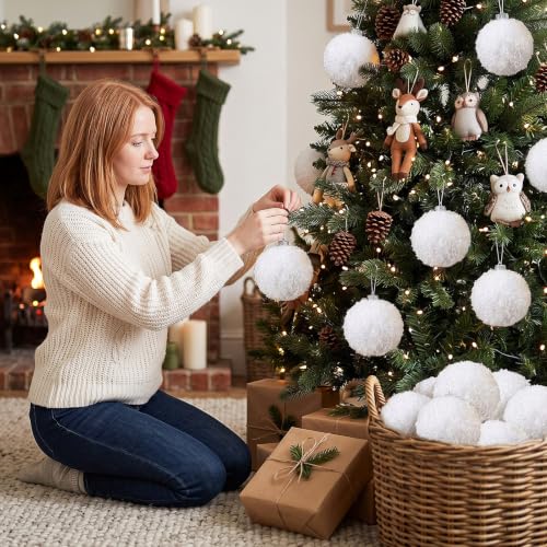 Soulchen 24 Pcs 3.15 Inch White Furry Christmas Ornaments Balls - Holiday Decor