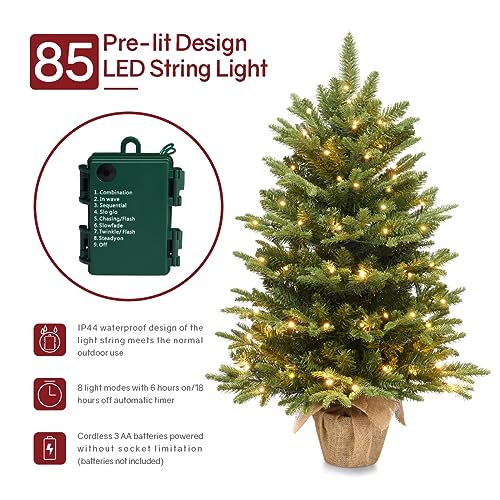 Somikis 3ft Pre-Lit Artificial Christmas Tree with 85 LED Lights, Nordic Spruce, Solid Cement Burlap Base