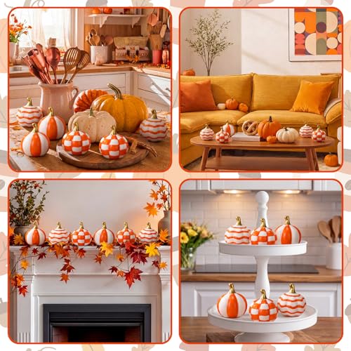 3-Piece Ceramic Pumpkin Set, Orange and White Checkered Fall Table Decor
