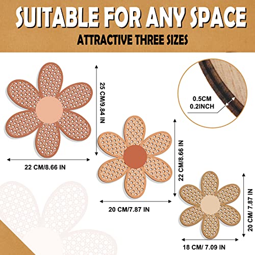 3-Piece Boho Daisy Wall Decor Set, Wooden Rattan Floral Nursery Art