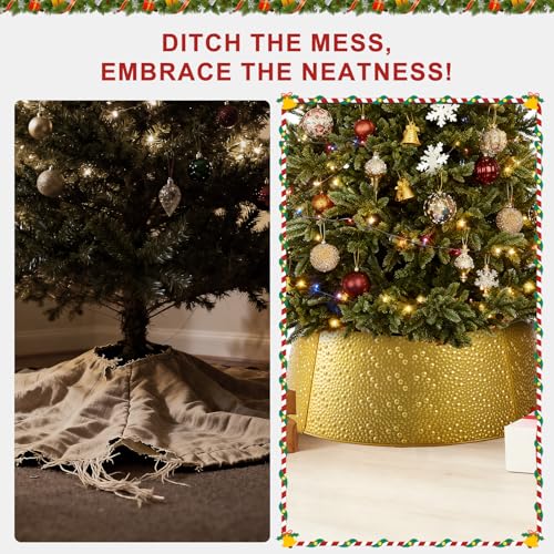 Sweetcrispy 26in Metal Christmas Tree Collar - 4-Panel Base Cover for 6-9ft artificial trees, Gold