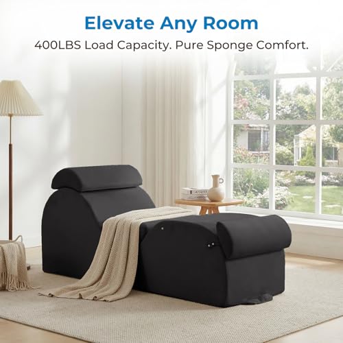 Velvet Yoga Chaise Lounge Chair with Headrest and Footrest, Dark Grey