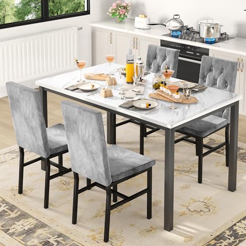 5-Piece Faux Marble Dining Table Set for 4 with Button Tufted Chairs