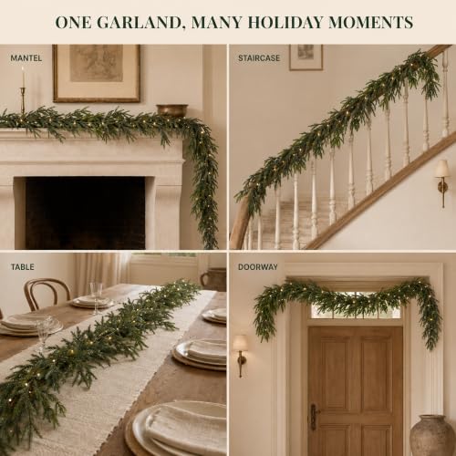 9FT NorfolK Pine Christmas Garland with 50 Warm LEDs, Battery-Operated