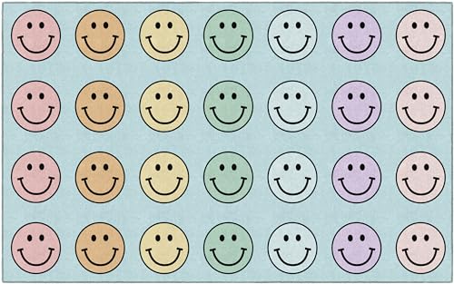 Pastel Rainbow Smiley Face Classroom Area Rug - 7'6" x 12', Seats 28