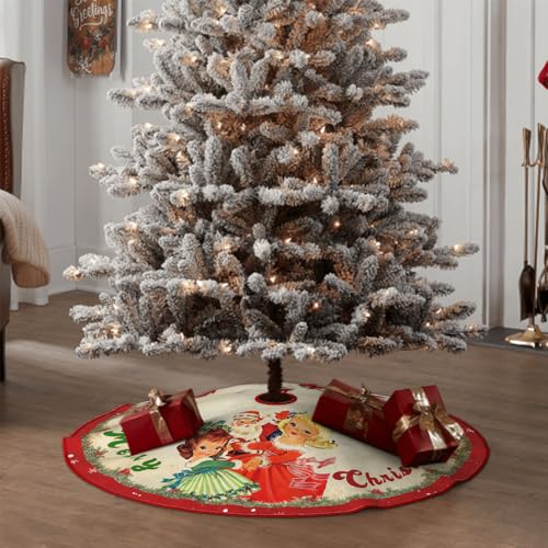 48-Inch Vintage Red Christmas Tree Skirt - Santa & Snowflake Mat