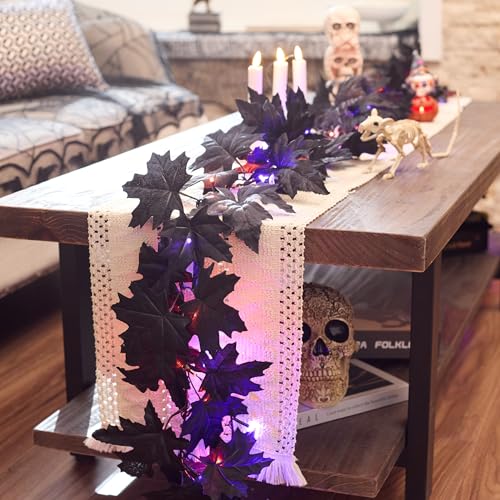 9ft Pre-Lit Black Maple Leaf Halloween Garland with Lights for Mantle