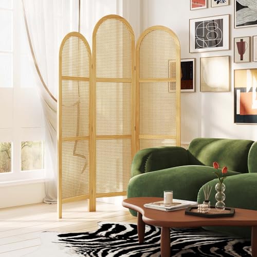 3-Panel Hand-Woven Rattan Room Divider, Tall Foldable Privacy Screen
