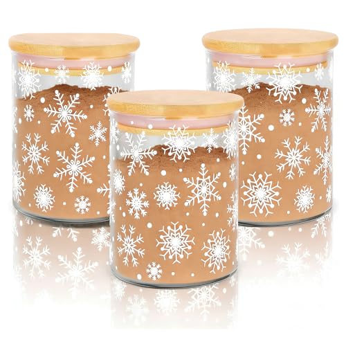 Christmas Snowflake Glass Storage Jars with Airtight Bamboo Lids – 3-Piece Candy & Cookie Canisters