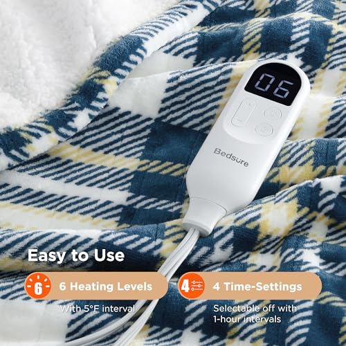 Plaid Heated Throw Blanket - Flannel & Sherpa Electric Blanket 50x60