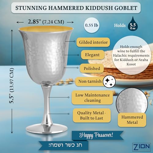 Hammered Metal Kiddush Cup 6.5 oz Brass Stemmed Wine Goblet for Seder