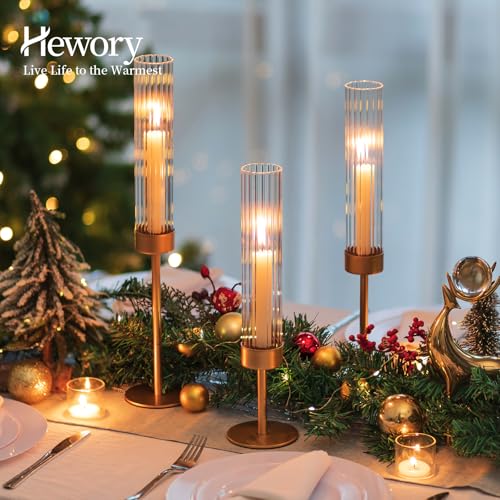 Hewory Gold Hurricane Candle Holders 12PCS Matte Brass Taper Candlestick Set