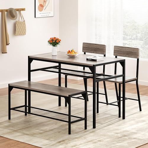 4-Piece Dining Table Set with Bench and Chairs, Oak Gray Small Space Table