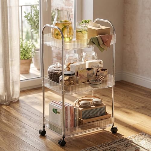 3-Tier Clear Acrylic Rolling Utility Cart with Lockable Wheels & Handle