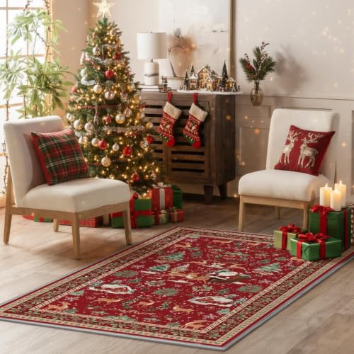 Artoid Mode Red Santa Claus Deer Christmas Area Rug 3x5 ft, Non-Slip Washable Holiday Home Decor