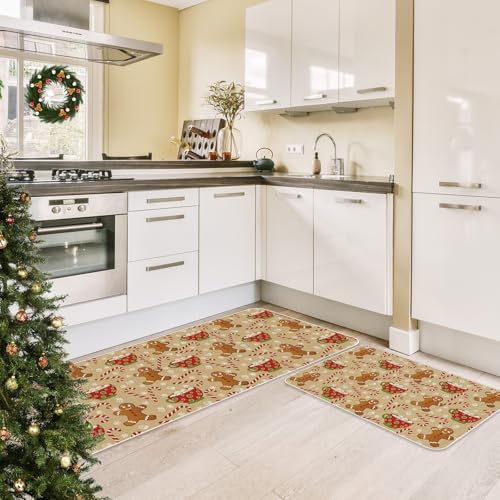 Brown 2-Piece Christmas Kitchen Floor Mats - Gingerbread & Candy Cane, Non-Slip Doormats