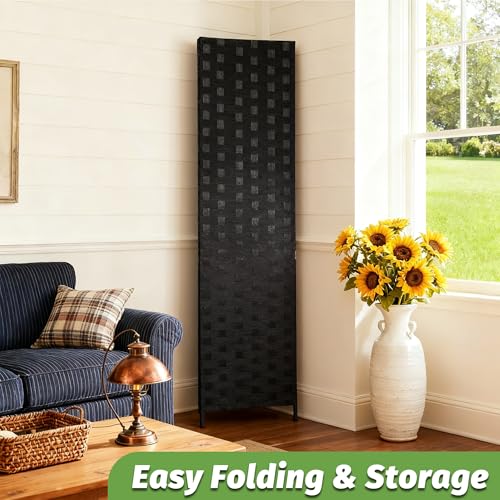 4-Panel Wooden Folding Room Divider Screen with Woven Mesh (Coal Black)