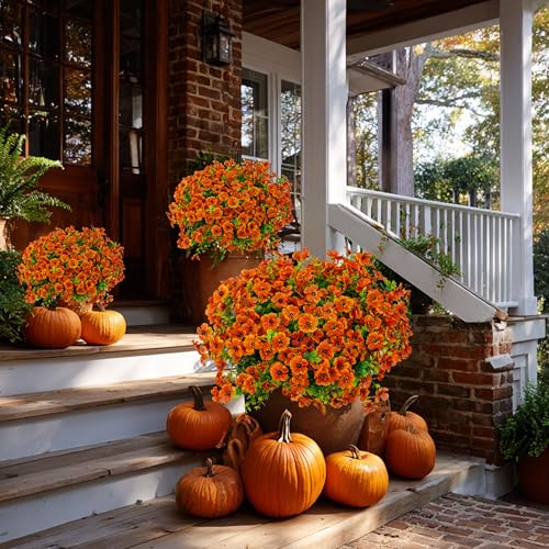 Artificial Fall Mums Outdoor UV Resistant Silk Flowers - 16 Pack, Red Orange