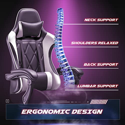 Ergonomic Gaming Chair with Footrest and Massage Lumbar Support - White