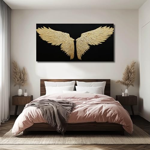 Large Abstract Bird Canvas Wall Art, Black and Gold Minimalist Painting