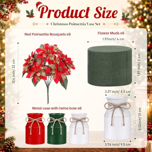 Christmas Poinsettia Centerpiece Set with Metal Jars - 6 Red & Gold Glitter Artificial Flowers for Holiday Decor