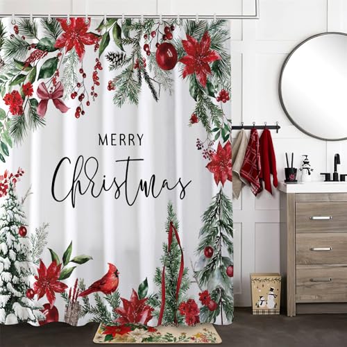 Baccessor Merry Christmas Shower Curtain 72x72 In - Winter Poinsettia & Cardinals Design, Waterproof Polyester