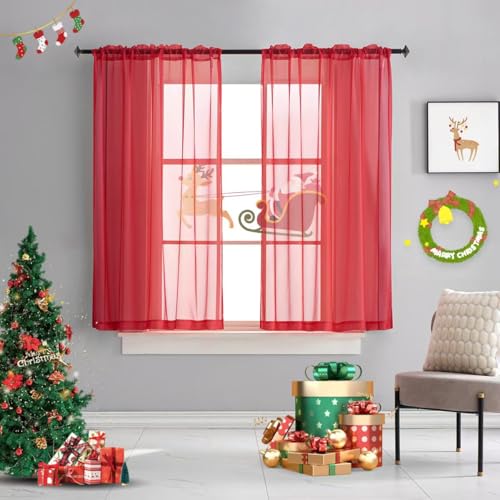 TOAVA DECO Christmas Red 52x45 Clear Rod Pocket Sheer Curtains, 2 Panels