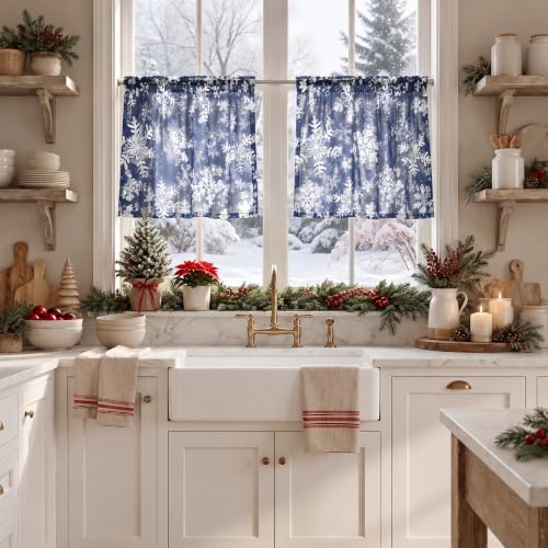 Horaldaily 2 Pack Christmas Sheer Window Valances 52x14in Snow Blue Foil