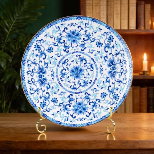 Ceramic Decorative Plate Set with Stand, Blue and White Porcelain, 8in & 10in
