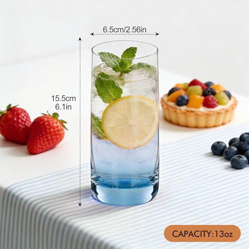 GLAZZVIA Blue Highball Glasses Set of 6 - Lead-Free Crystal Cocktail Drinking Glasses