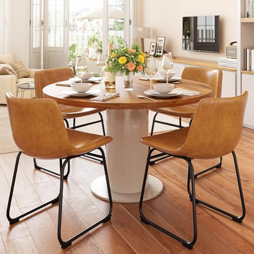 Modern PU Leather Dining Chairs - Set of 6 Brown Armless Kitchen Chairs