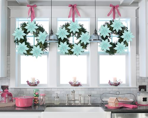 Briful Teal Blue Poinsettias 3-Pack 22.4in Glitter Mesh Artificial Christmas Flowers