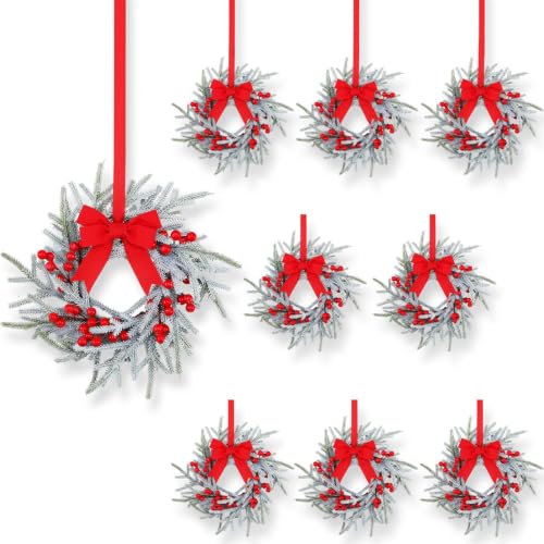 8-Pack Mini Christmas Wreaths, 8.4-Inch Artificial Pine Candle Rings