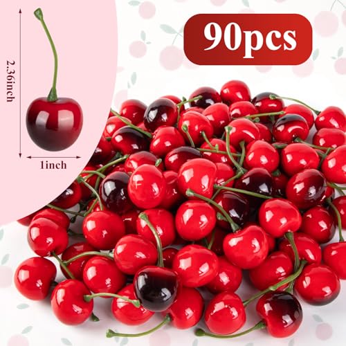90 Pcs Fake Cherries - Artificial Red & Black Cherry Decor