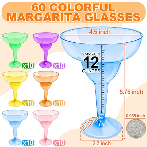 TURNMEON 60 Pack Multicolor Plastic Margarita Glasses 12 oz Disposable Cocktail Cups for Parties