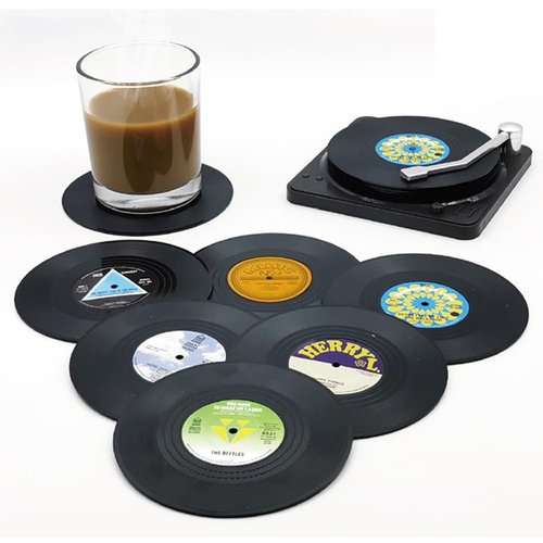 Kaxich 6pcs Retro CD Record Coasters with Holder Vinyl Mug Mats Non-Slip Drink Coaster Set for Wine Glass Tea Coffee Home Kitchen Decor Gift Idea