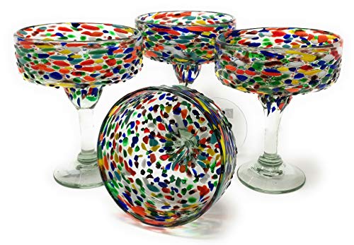 Dos Sueños Mexican Hand Blown Margarita Glasses Set of 4 | 16 oz Authentic Confetti Rock Glassware