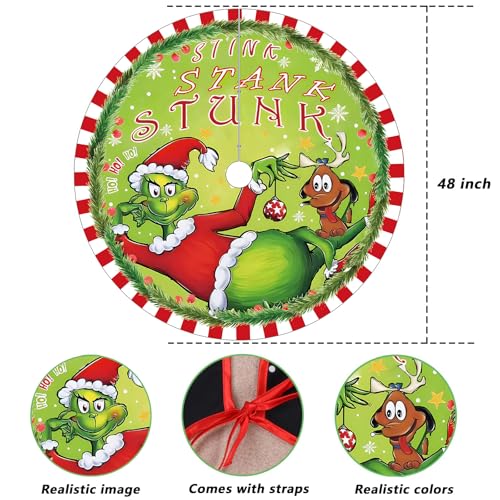 48 Inch Plush Christmas Tree Skirt - Farmhouse Decor with Red & Green Trim